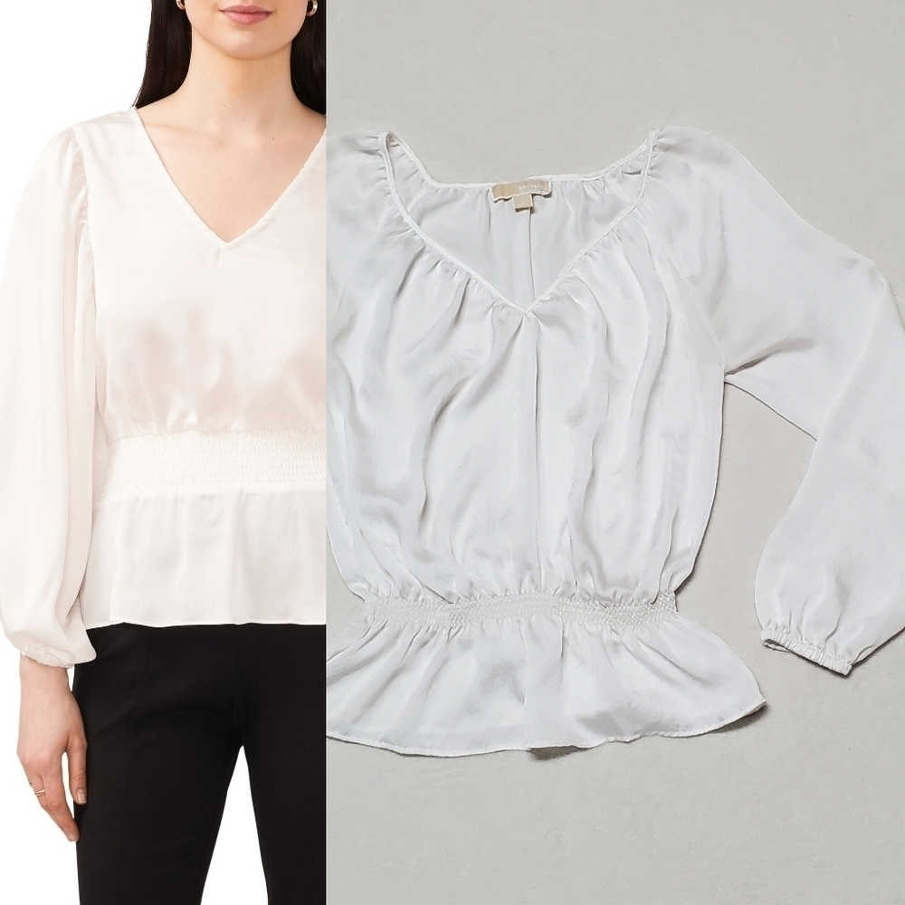 Retro Michael Kors Pearl Crinkled Satin Raglan Sleeve Smocked Waist Blouse Med